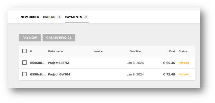 ITC Express project payments screen