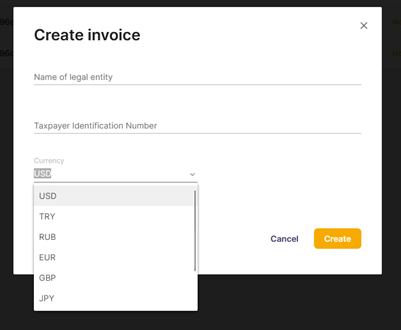 Screenshot of the ITC Express Create invoice screen
