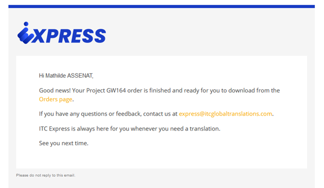 Sample image of the email clients receive with a link to download their completed project